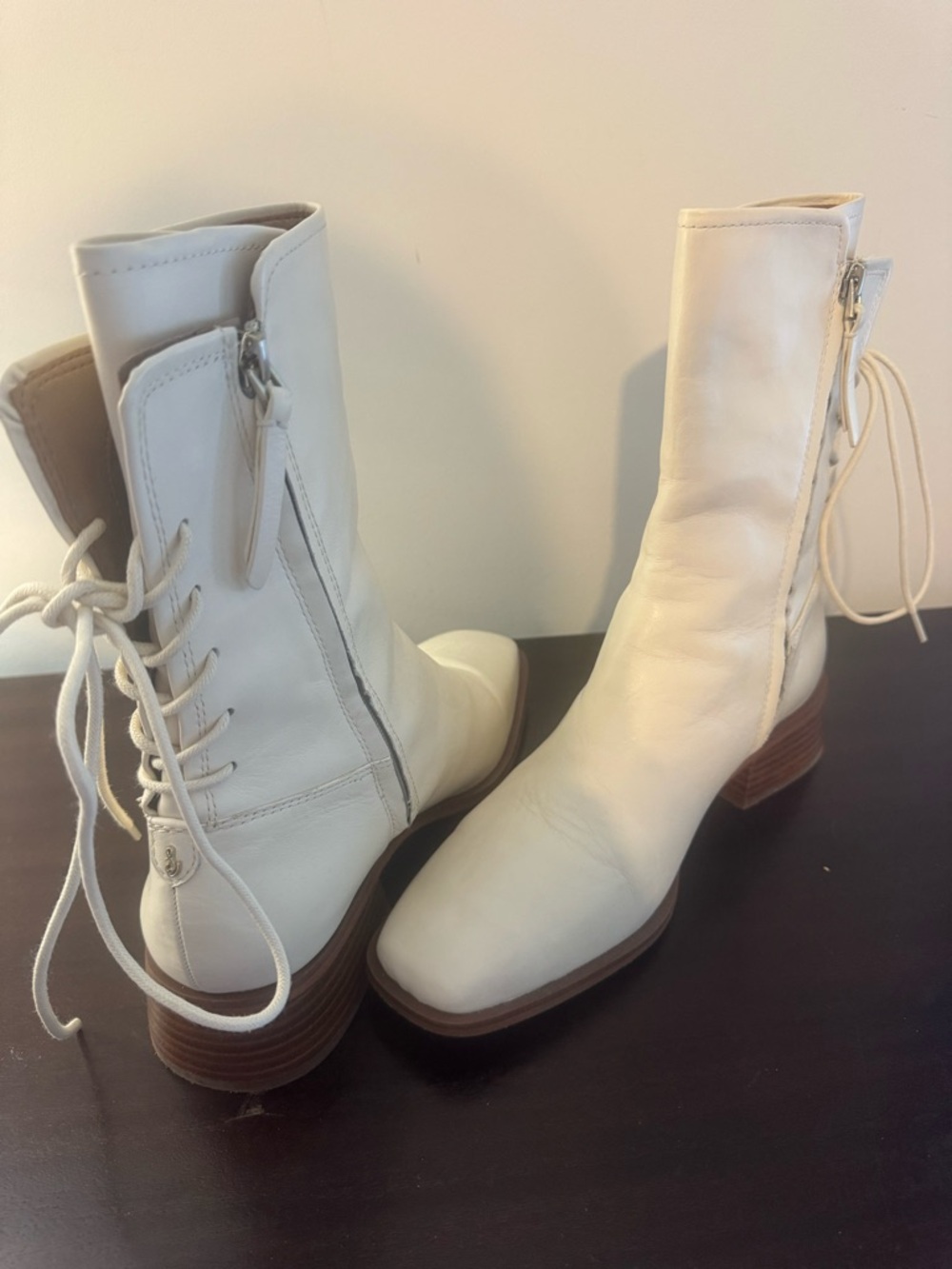Sam Edelman Cream Lace-Up Mid-Calf Leather Boots